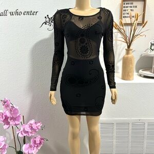 BANJUL Women’s Black Long Sleeve Dress Bodycon Size M Medium Sheer Mesh Velvet